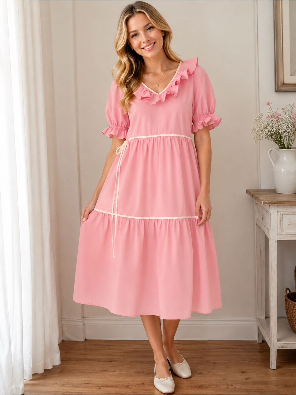 Pink Ruffle Midi Dress Day + moon